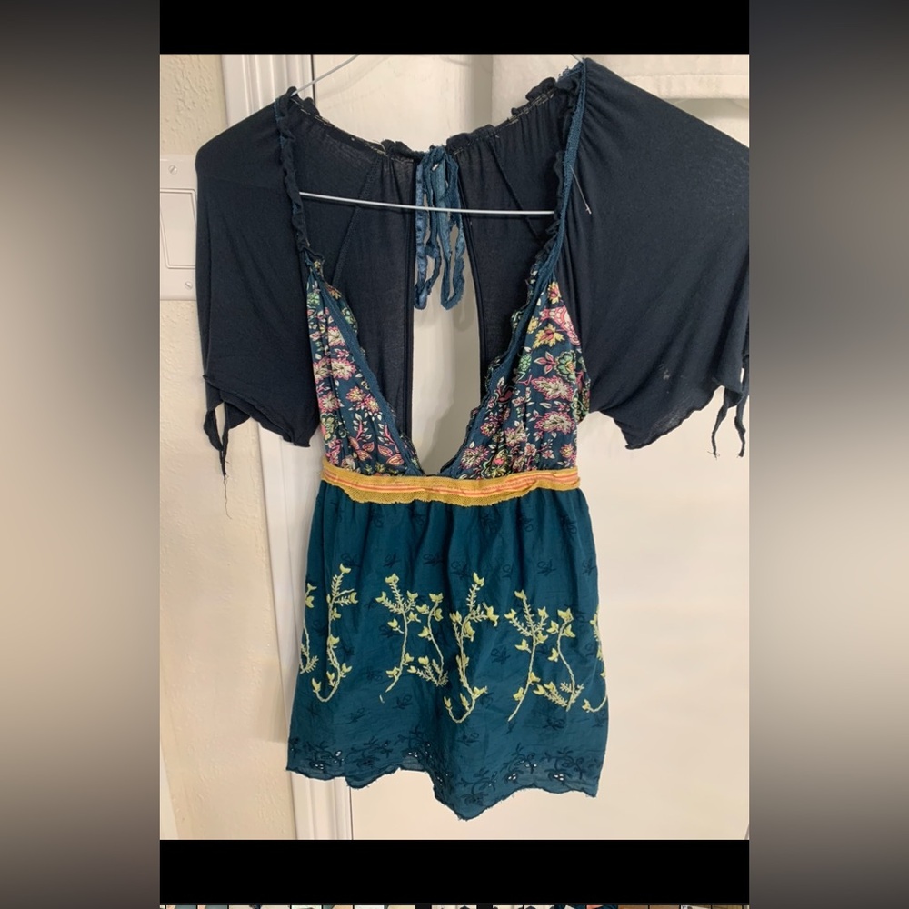 Free People Teal Floral Embroidered Split V-Neck Tank with Yellow Band